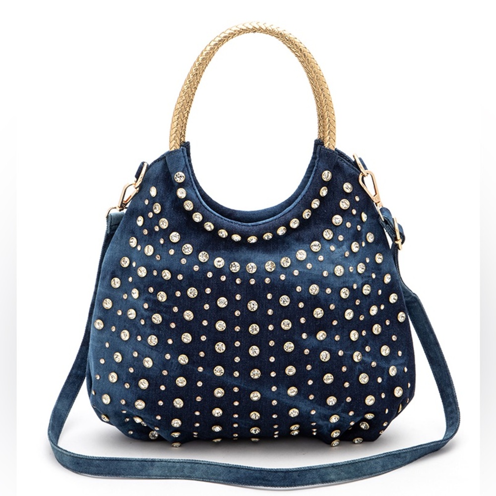 Gold & Denim Blue Studded Top Handle Handbag - Picture 3 of 6
